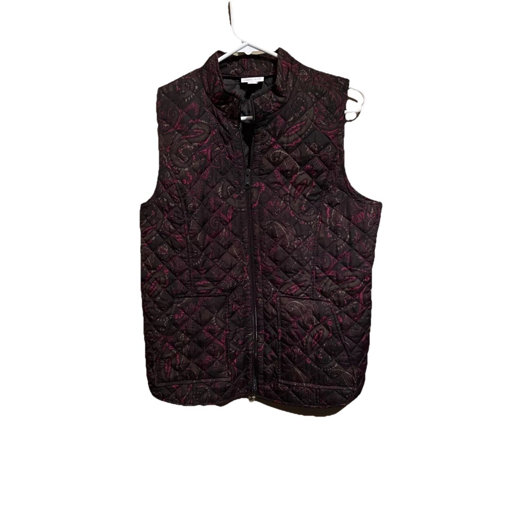J Jill Womens Small Heritage Quilted Vest Brown Pink Paisley Print Pockets